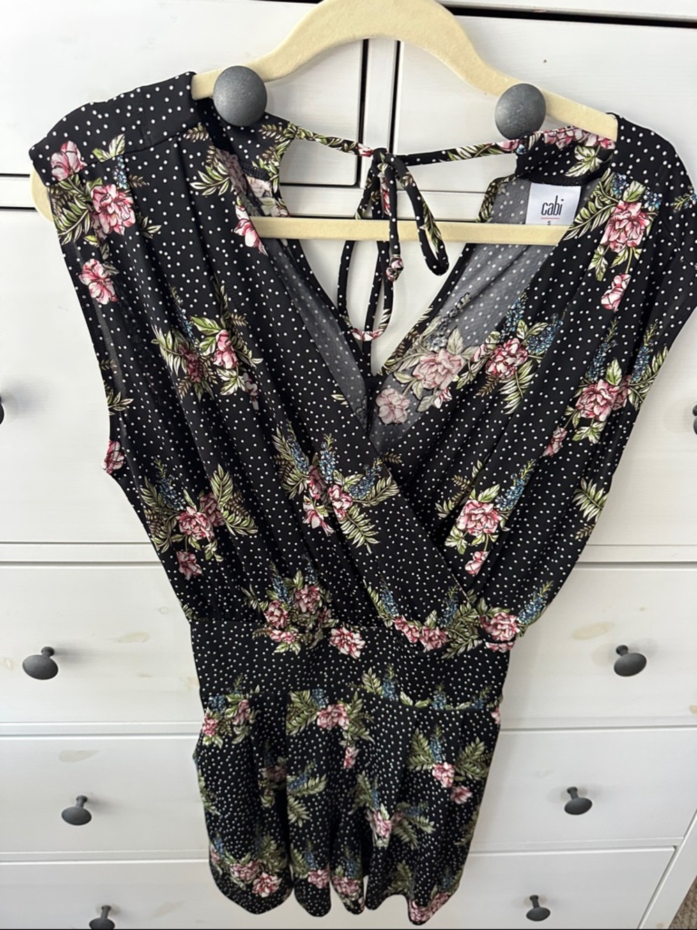CAbi Black Floral & Polka Dot Surplice Romper